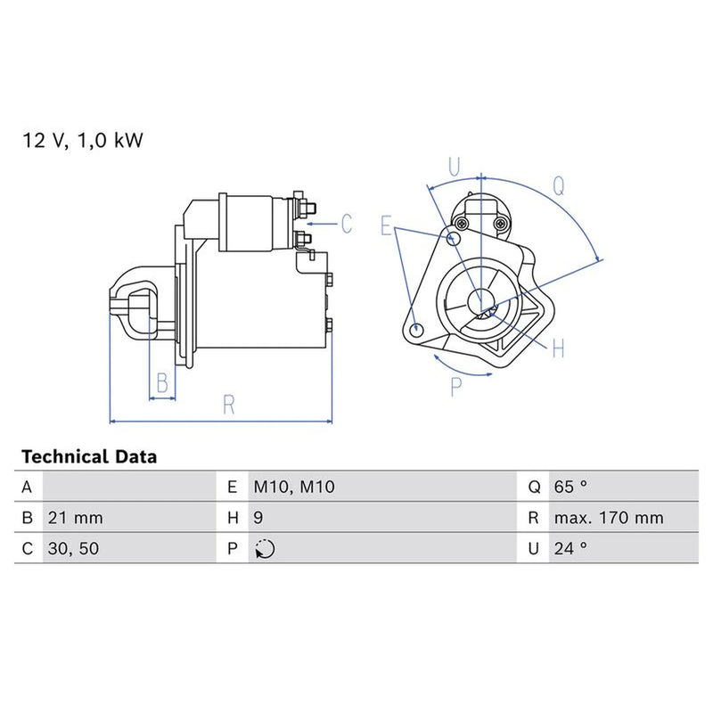 Bosch Starter Motor 12V 1kW 9 Teeth 0 986 028 080