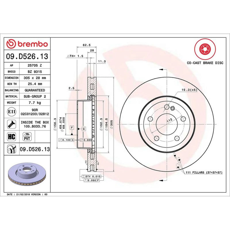 Brembo 2 x Steel Front Brake Disc Hub Brake Discs 09.D526.13-x2