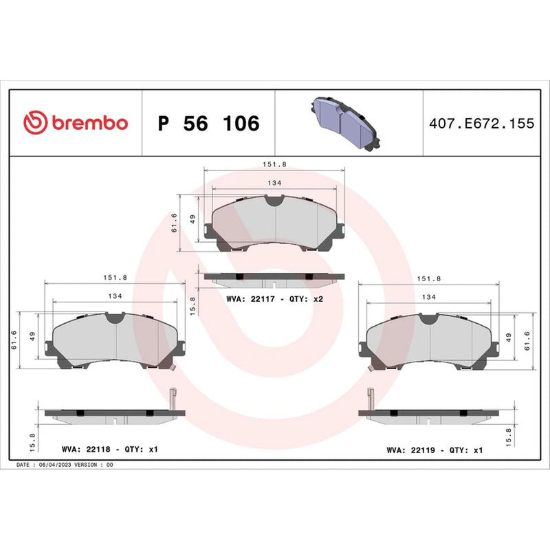 Brembo 4 x Front Brake Pad Set fits Infiniti Q50 2013-2014 2.0