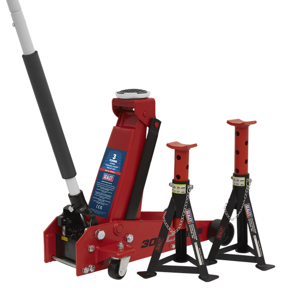 Sealey Trolley Jack 3 Tonne Standard Chassis with AXLe Stands (Pair) 3tonne Capa Sealey - Dynamic Drive