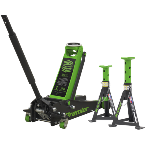 Sealey Trolley Jack 3tonne & AXLe Stands (Pair) 3tonne per Stand Combo Sealey - Dynamic Drive