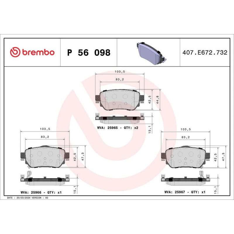 Brembo 4 x Rear Brake Pad Set fits Nissan Leaf 2017 on