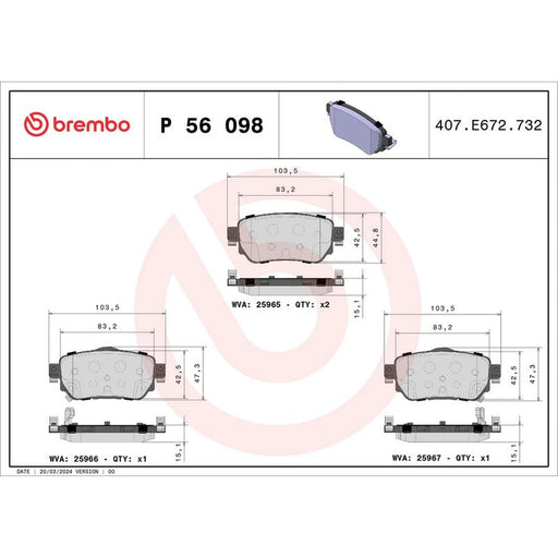 Brembo 4 x Rear Brake Pad Set fits Nissan Leaf 2017 on