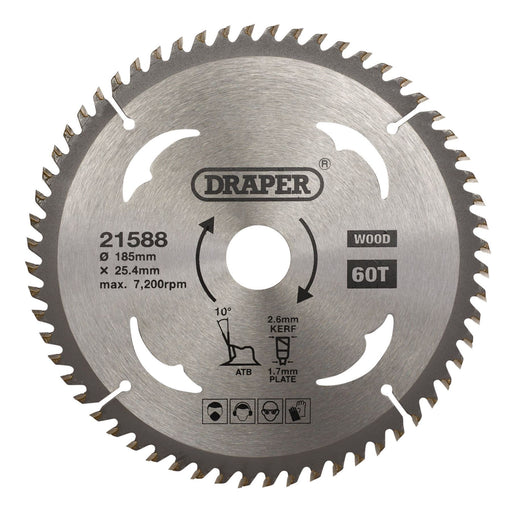 Draper TCT Circular Saw Blade for Wood, 185 x 25.4mm, 60T 21588 Draper - Dynamic Drive