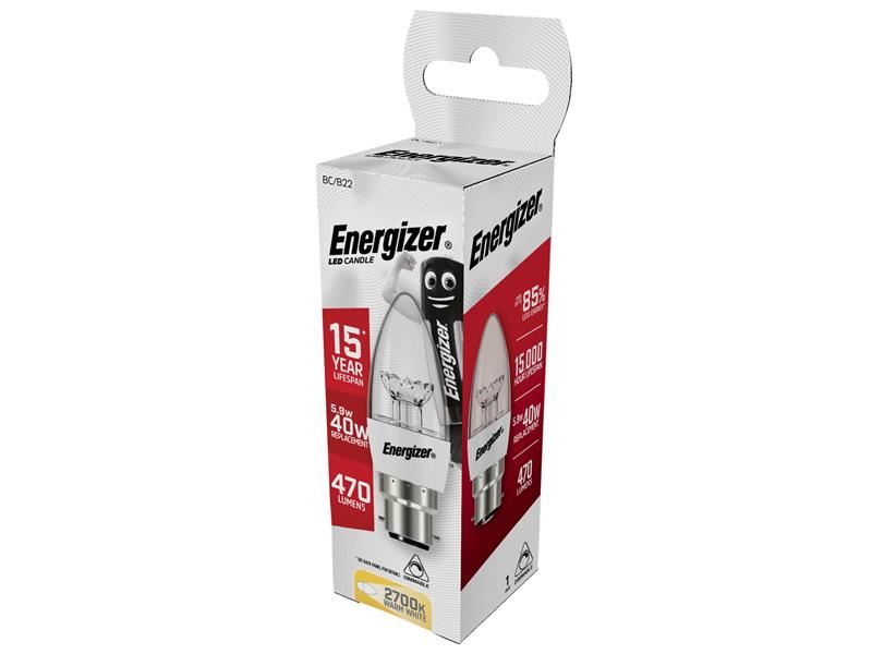 Energizer® LED BC (B22) Clear Candle Dimmable Bulb, Warm White 470 lm 5.9W Energizer® - Dynamic Drive
