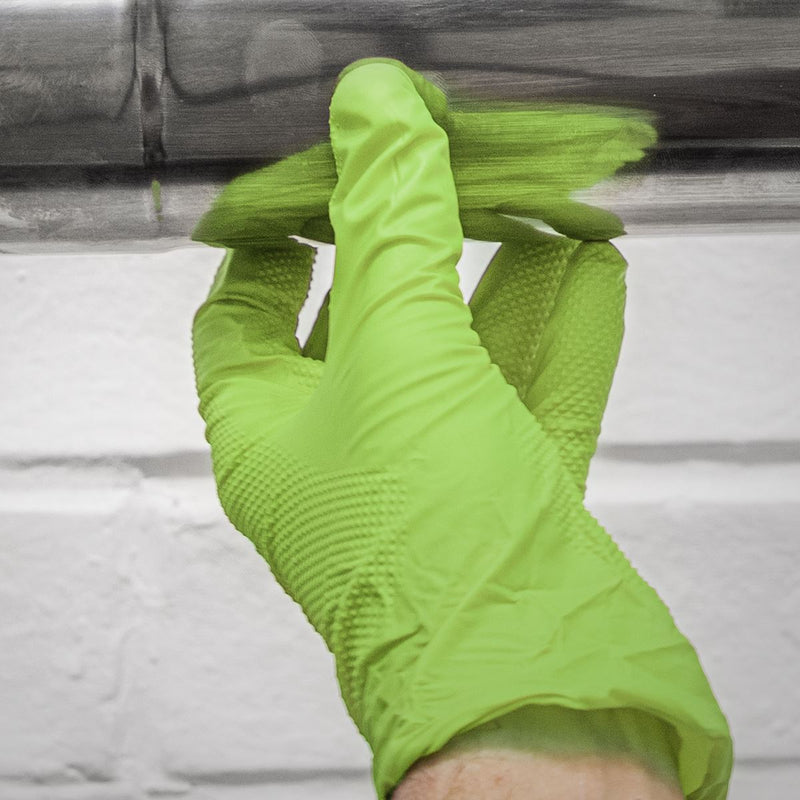 Diamond Grip Extra-Thick Nitrile Powder-Free Gloves Hi-Vis Green XL Pack of 50 Sealey - Dynamic Drive
