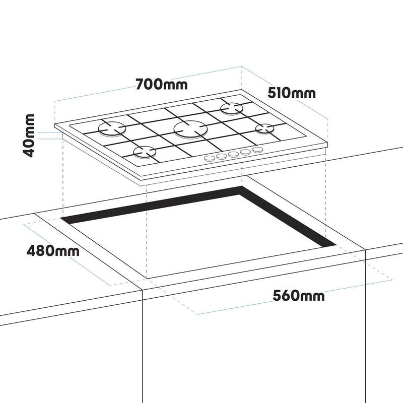 Baridi Gas Hob with 5 Cooking Zones 70cm - Black DH228 Baridi - Dynamic Drive