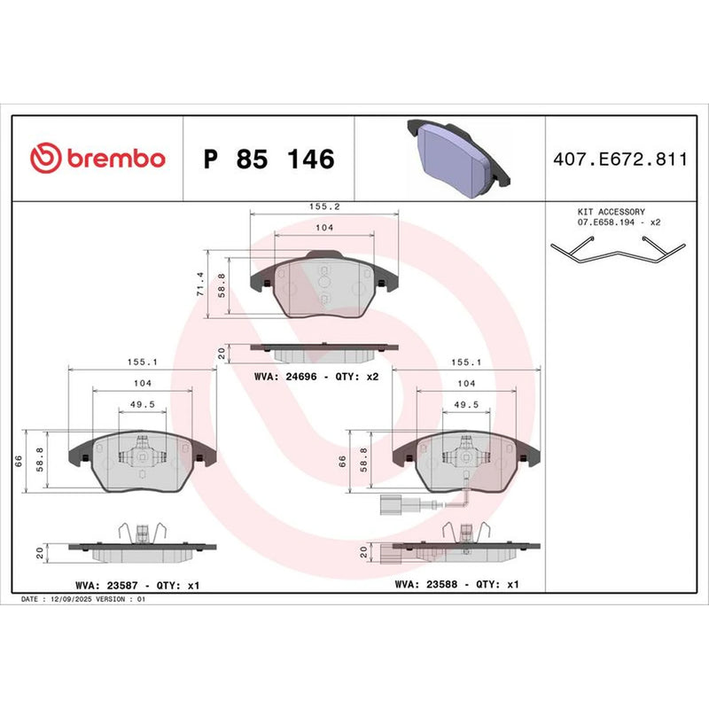 Brembo 4 x Front Brake Pad Set fits Audi A1 2010-2018 1.2 1.4 1.6 2.0