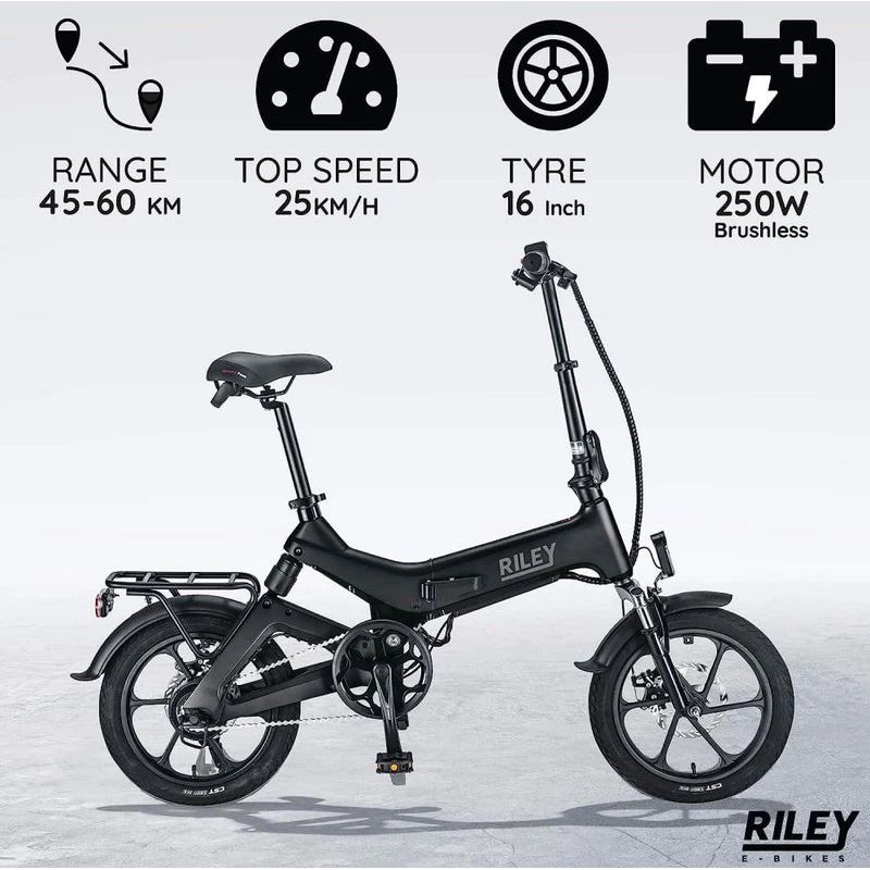 Riley RB1 Foldable E-bike - Black 45-50km Range 250w Motor UK Camping And Leisure - Dynamic Drive