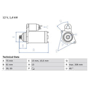 Bosch Starter Motor 12V 1.3kW 13 Teeth fits Nissan X-Trail I 2001-2013 2.0 2.5