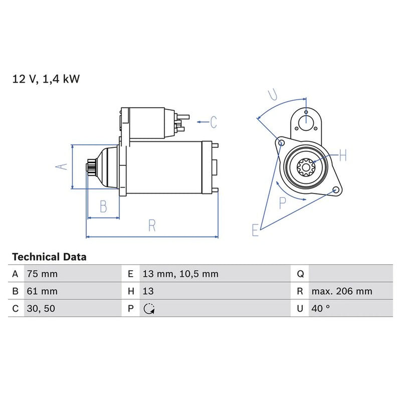Bosch Starter Motor 12V 1.3kW 13 Teeth fits Nissan X-Trail I 2001-2013 2.0 2.5