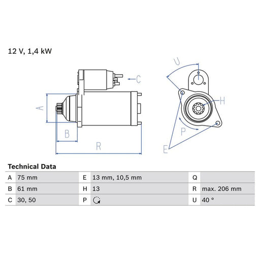 Bosch Starter Motor 12V 1.3kW 13 Teeth fits Nissan X-Trail I 2001-2013 2.0 2.5
