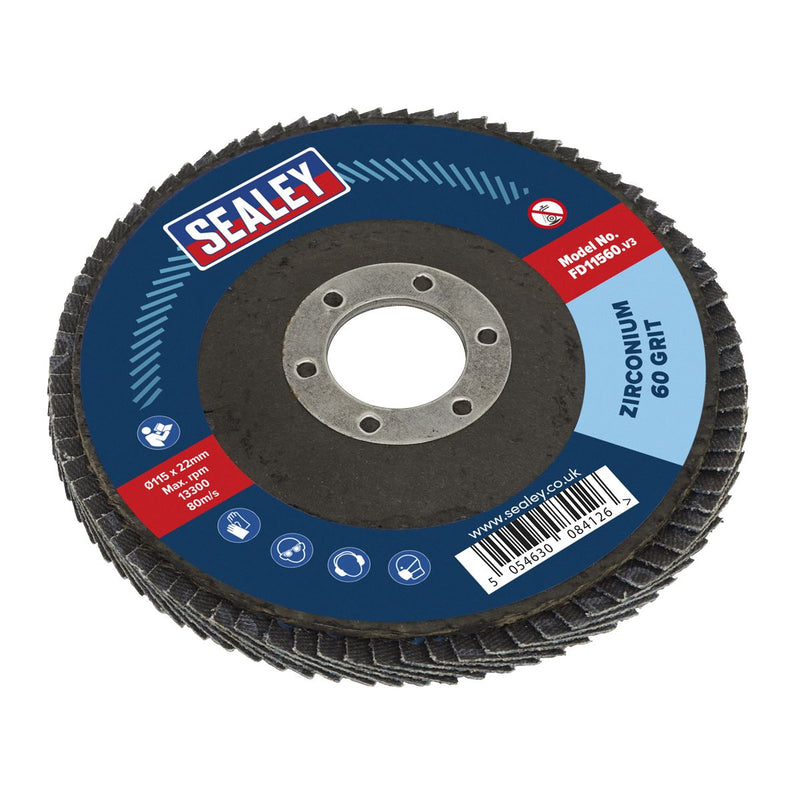 Sealey 115mm Zirconium Flap Discs 60Grit 22mm Bore - Pack of 10 FD1156010 Sealey - Dynamic Drive