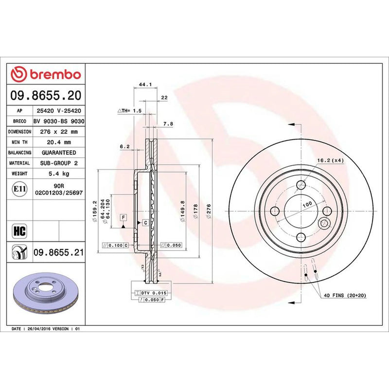 Brembo 2 x Internally Vented Brake Discs fits Mini Mini 2001-2008
