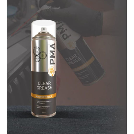 PMA Clear Spray Grease 500ml Water Resistant Aerosol Lubricant PTFE Chain etc PMA - Dynamic Drive