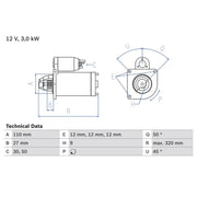 Bosch Starter Motor 12V 3kW 9 Teeth fits Fiat 90 1984-1992