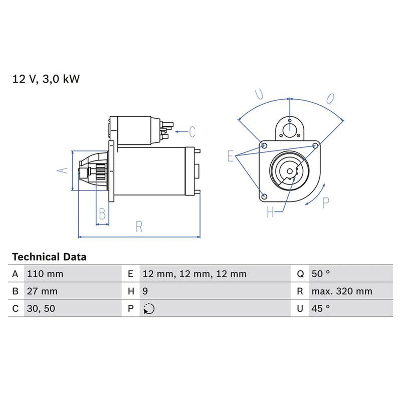 Bosch Starter Motor 12V 3kW 9 Teeth fits Fiat 90 1984-1992