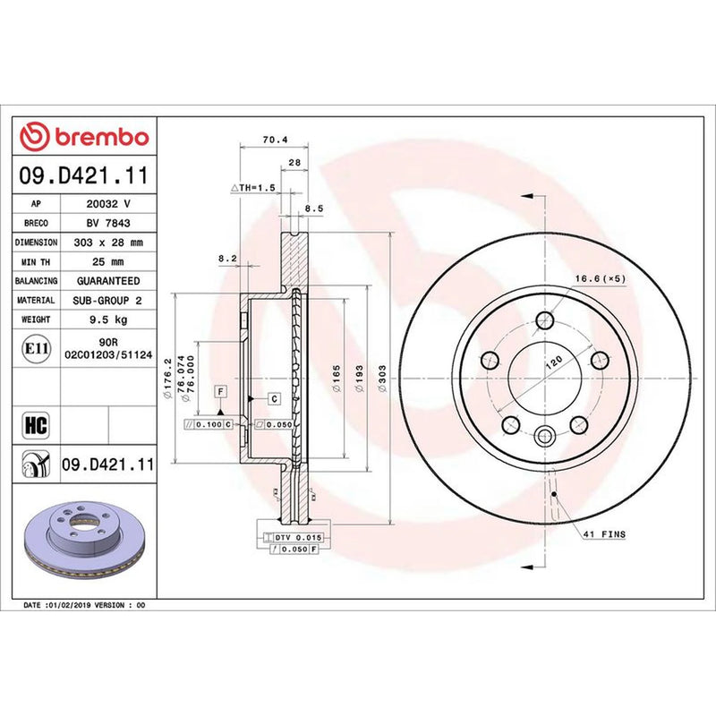 Brembo 2 x Internally Vented Front Brake Discs 09.D421.11-x2