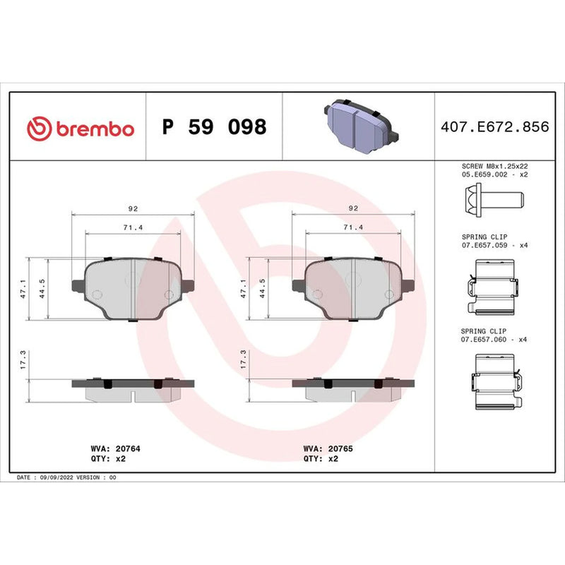 Brembo 4 x Rear Brake Pad Set fits Citroën Berlingo 2018-2019 1.2 1.5 1.6