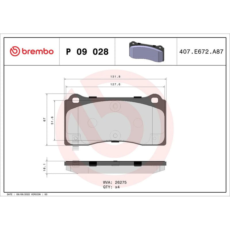Brembo 4 x Front Brake Pad Set fits Tesla Model 3 2017-2020
