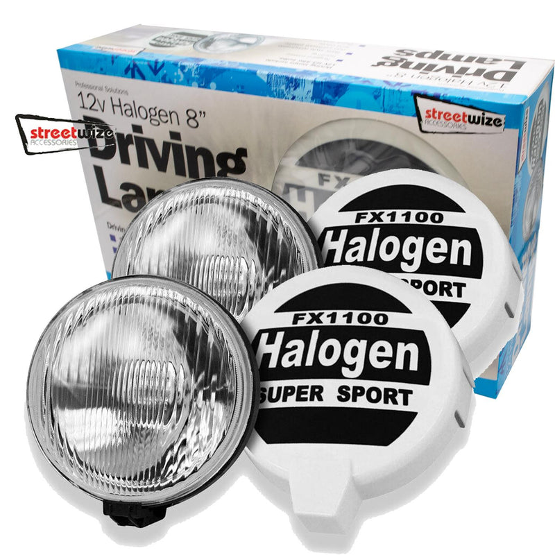 12v 4x4 SW 8" Rally Sport Giant Round Driving Halogen Spot Lamps Lights + Covers Streetwize  - Dynamic Drive