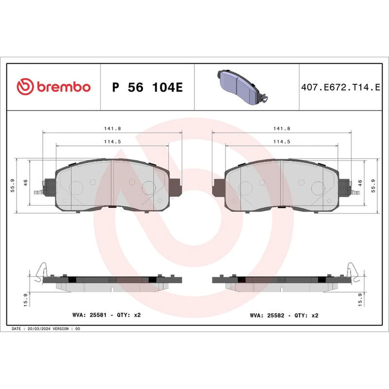 Brembo 4 x Front Brake Pad Set fits Nissan Leaf 2010-2017