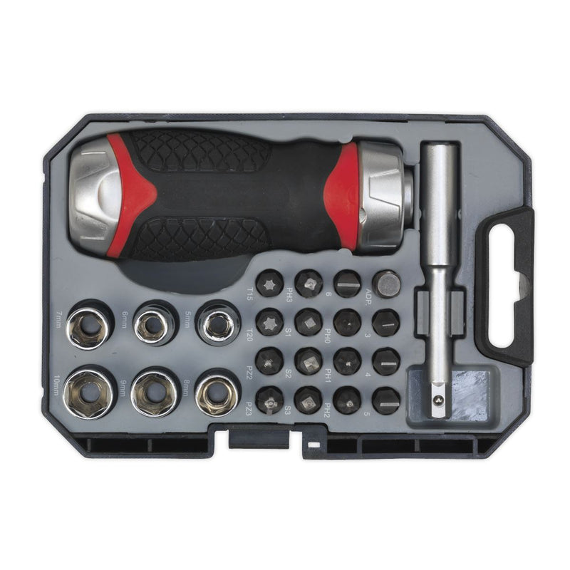 Sealey Fine Tooth Ratchet Screwdriver Socket & Bit Set 24pc Stubby AK64906 Sealey - Dynamic Drive