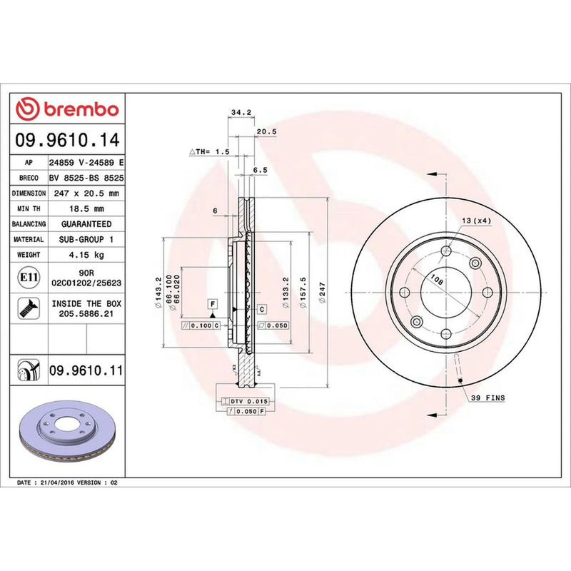 Brembo 2 x Front Brake Discs 09.9610.11-x2