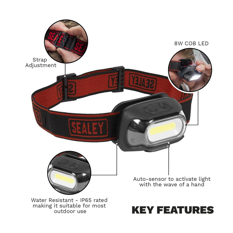 Sealey Rechargeable Head Torch with Auto-Sensor 8W COB LED HT08R Sealey - Dynamic Drive