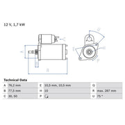 Bosch Starter Motor 12V 1.7kW 10 Teeth fits Porsche 911 2006-2012 3.6 3.8 4.0