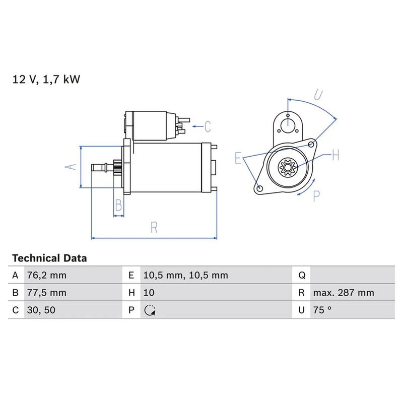 Bosch Starter Motor 12V 1.7kW 10 Teeth fits Porsche 911 2006-2012 3.6 3.8 4.0