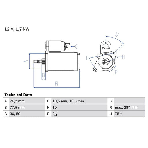 Bosch Starter Motor 12V 1.7kW 10 Teeth fits Porsche 911 2006-2012 3.6 3.8 4.0
