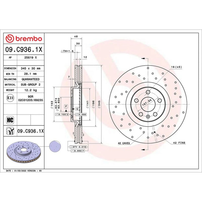 Brembo 2 x Perforated/Vented Front Brake Discs 09.C936.1X-x2