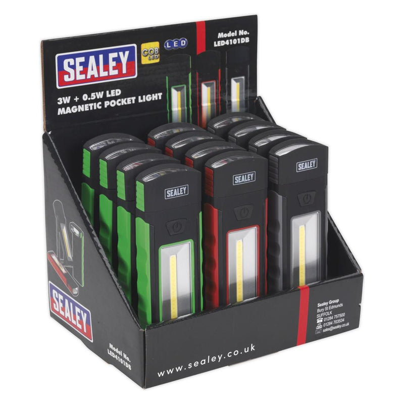 Sealey Magnetic Pocket Light 3W + 0.5W COB LED Display Box of 12 LED4101DB Sealey - Dynamic Drive