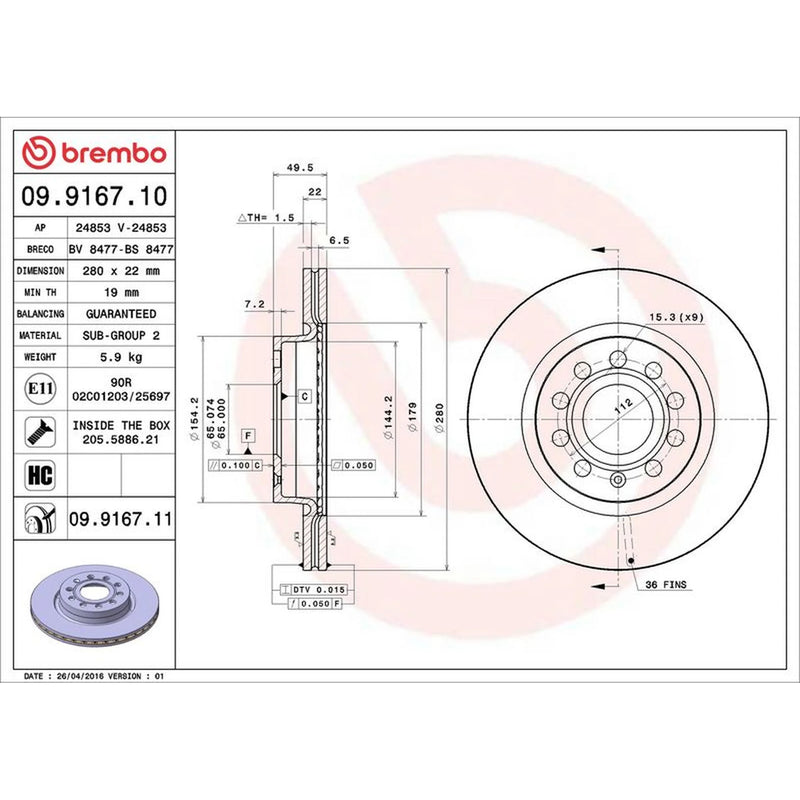 Brembo Front Brake Internally Vented Discs & Pads fits VW Golf VII 2013-2020 2.0