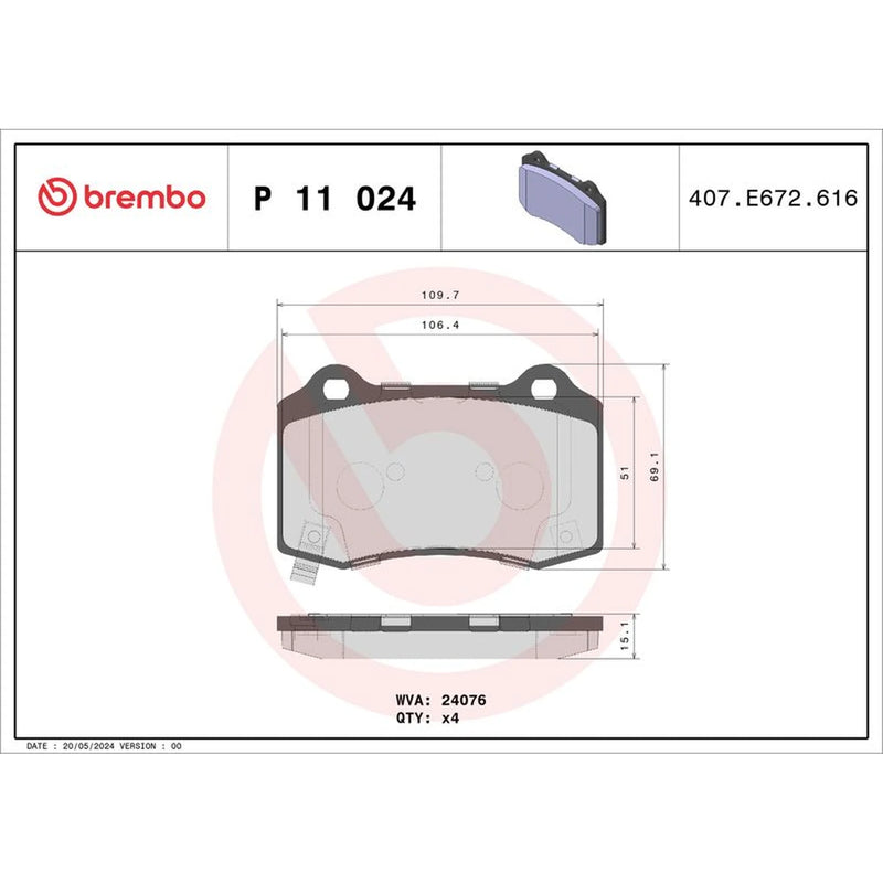 Brembo 4 x Rear Brake Pad Set fits Cadillac Cts 2014 on 2.0