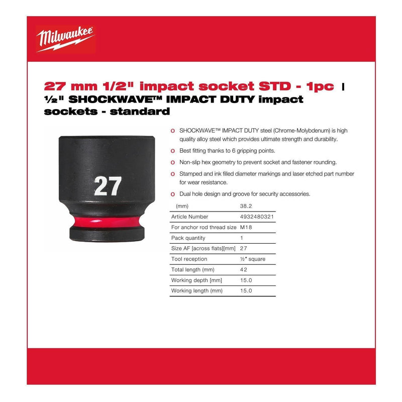 Milwaukee Hex Socket Shw 1/2 Std 27mm-1Pc 4932480321 Milwaukee - Dynamic Drive