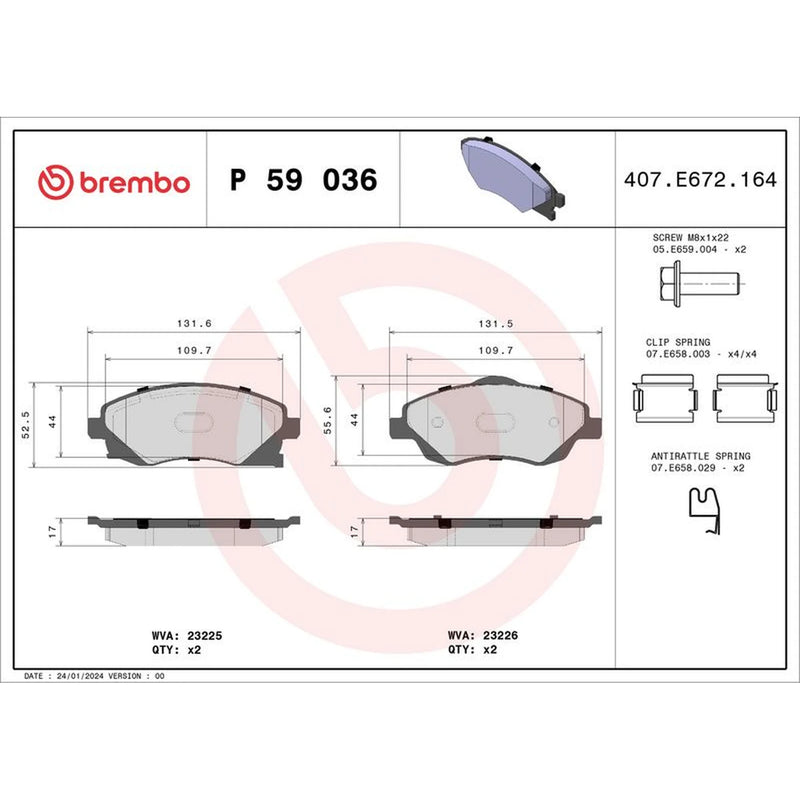 Brembo 4 x Front Brake Pad Set fits Opel Combo Box Body/Mpv 2001 on 1.6 1.7