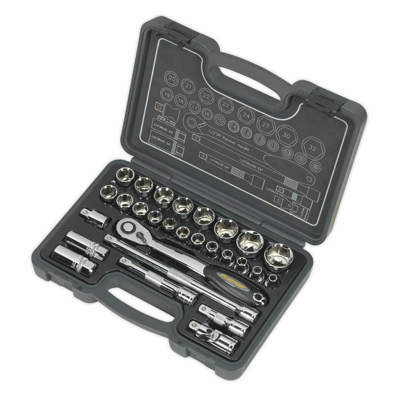 Sealey Socket Set 28pc 1/2"Sq Drive 6pt WallDrive Metric AK7953 Town Tools - Dynamic Drive