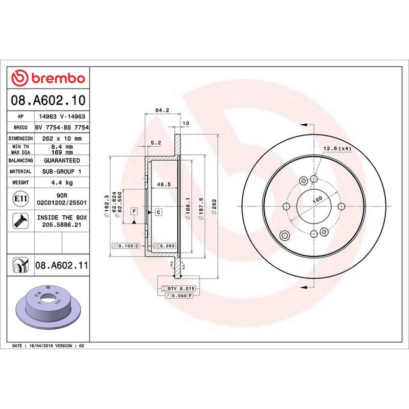Brembo 2 x Solid Rear Brake Discs 08.A602.11-x2