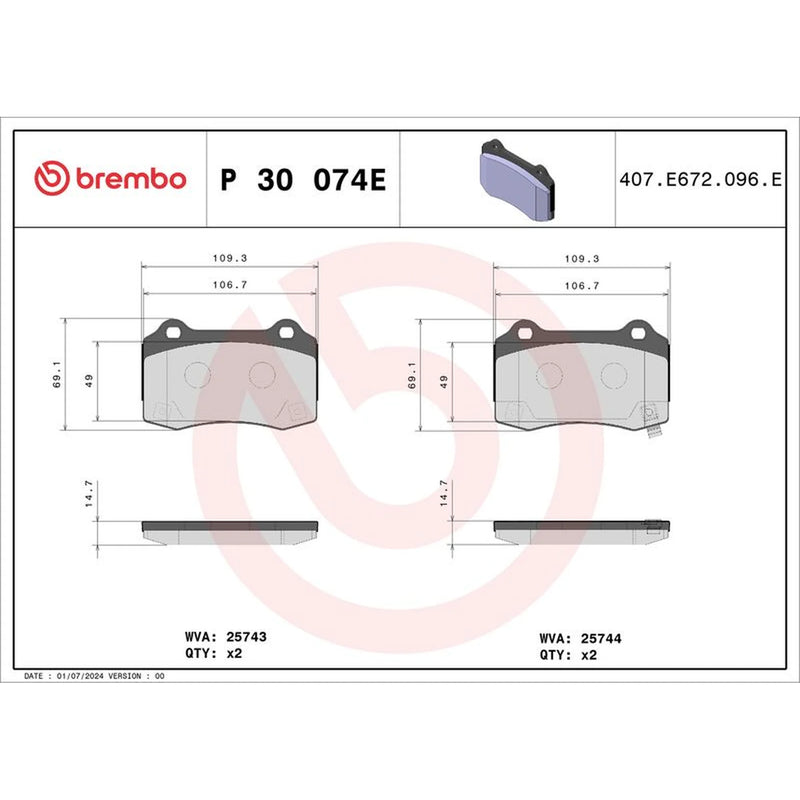 Brembo 4 x Rear Brake Pad Set fits Tesla Model S 2012-2017
