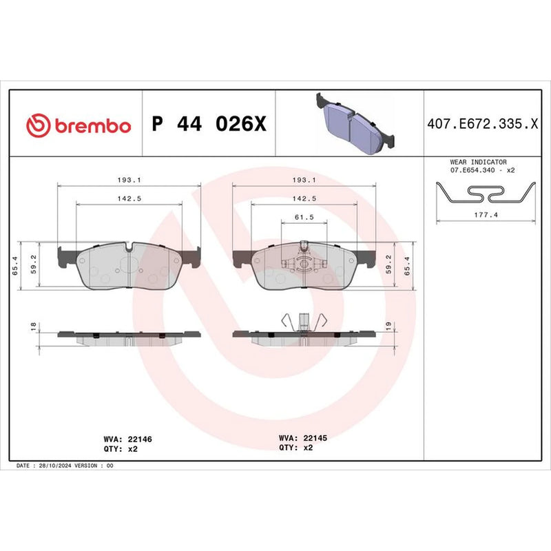 Brembo 4 x Front Brake Pad Set fits Jaguar E-Pace 2017-2018 2.0