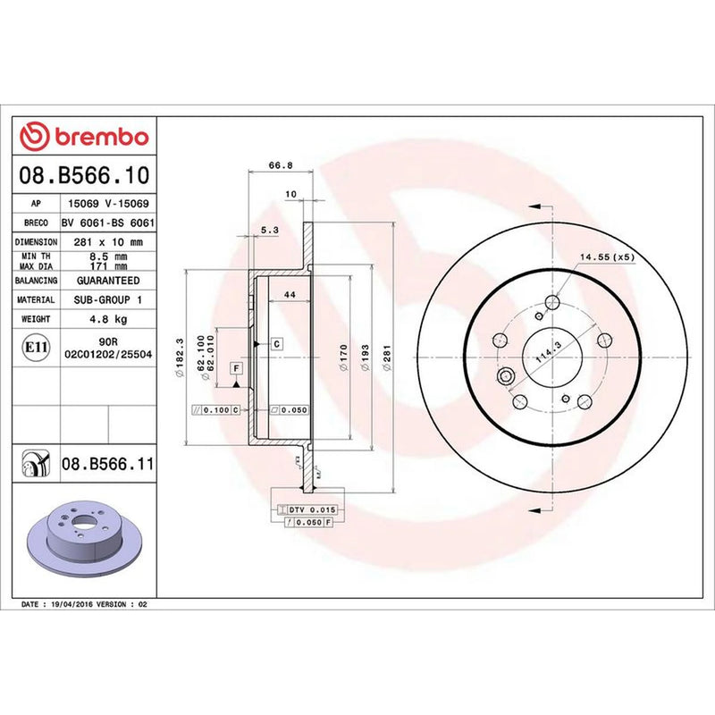 Brembo 2 x Solid Brake Discs fits Toyota Camry 2006-2018 2.0 2.4 2.5