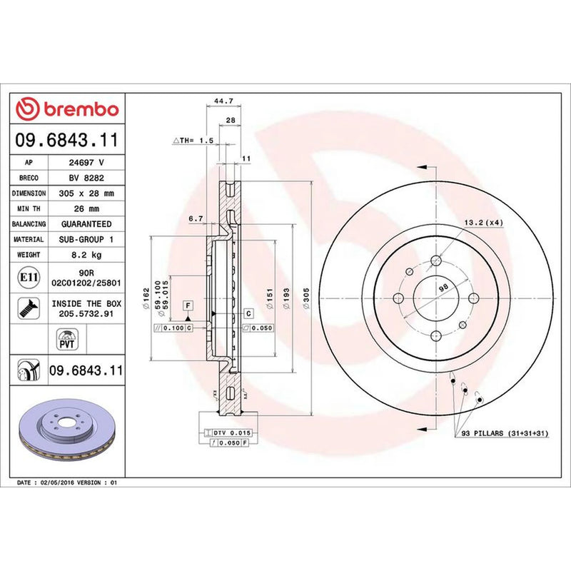 Brembo 2 x Internally Vented Brake Discs fits Fiat Coupe 1996-2000 2.0