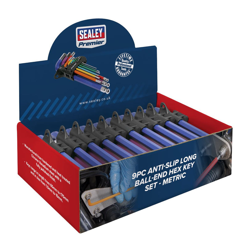 Premier Long Colour-Coded Ball-End Hex Key Set 9pc - Display Box of 10 Sealey Premier - Dynamic Drive