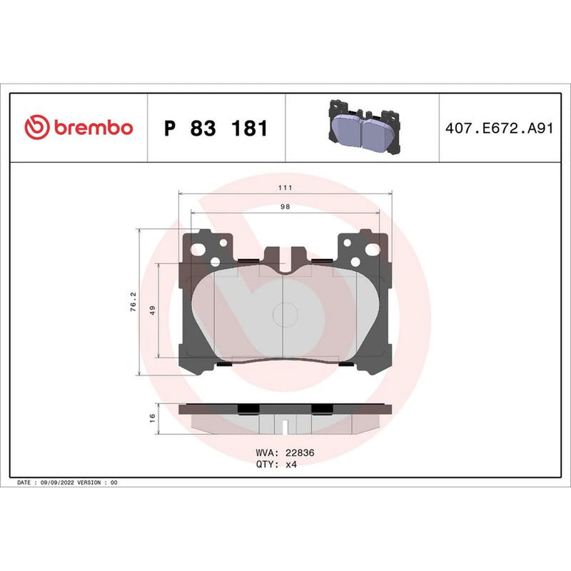 Brembo 4 x Rear Brake Pad Set fits Lexus Lc 2016-2018