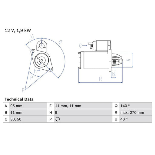 Bosch Starter Motor 12V 1.9kW 9 Teeth fits Nissan Terrano II 1993-2007 2.7