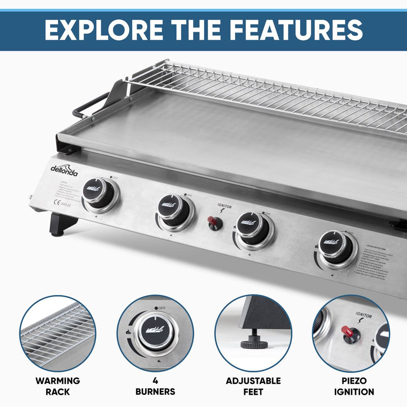 Dellonda 4 Burner Stainless Steel Portable Gas Plancha with Warming Rack 10kW Dellonda - Dynamic Drive