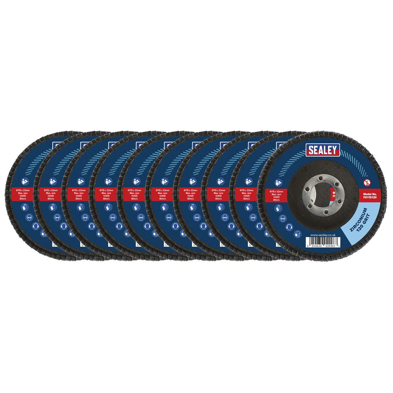 Sealey 115mm Zirconium Flap Discs 120Grit 22mm Bore - Pack of 10 FD11512010 Sealey - Dynamic Drive