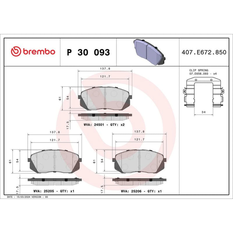 Brembo 4 x Front Brake Pad Set fits Hyundai Kona 2017-2023 1.0 1.6